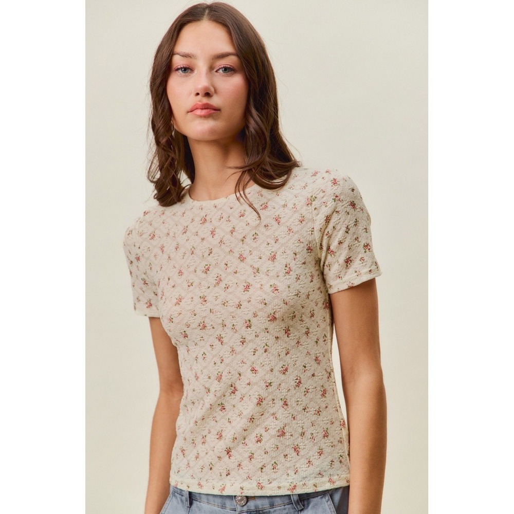 SO ME Floral Print Lace Short Sleeves Layering Knit Top - Large